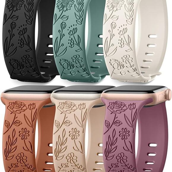 6 Pack Floral Engraved Bands Compatible with Apple Watch Bands for Women - Picture 2 of 8